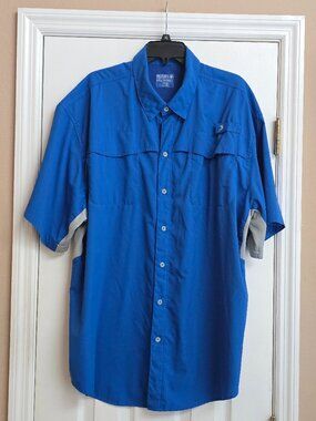 Reel Legends Performance Saltwater Vented Button Up Fishing Shirt Blue/Grey XXL